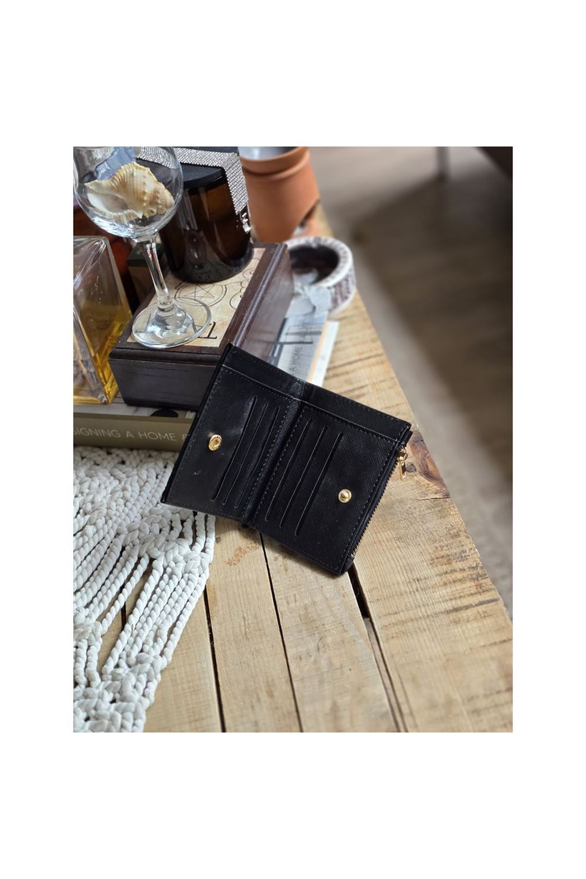 Siyah Dokuma Desen Kare Kartlık Detaylı Cüzdan