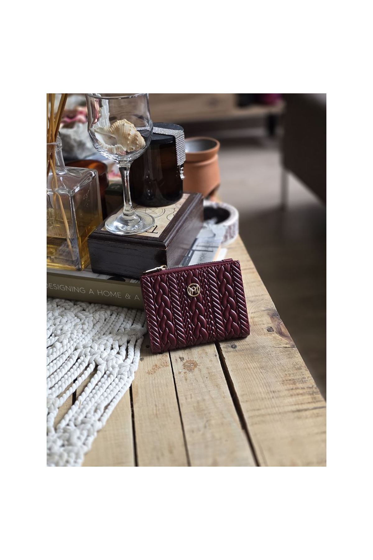 Bordo Dokuma Desen Kare Kartlık Detaylı Cüzdan