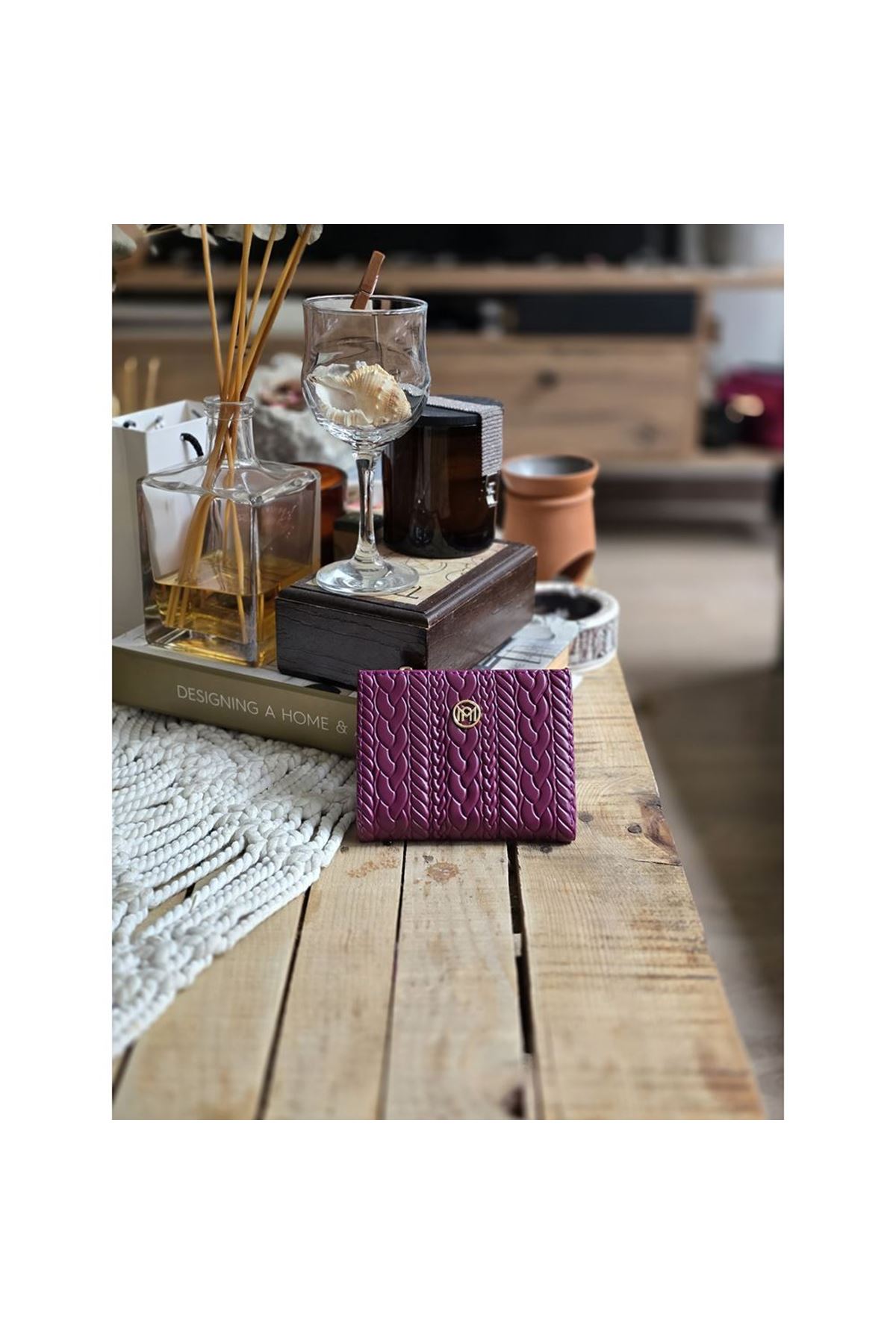 Mor Dokuma Desen Kare Kartlık Detaylı Cüzdan