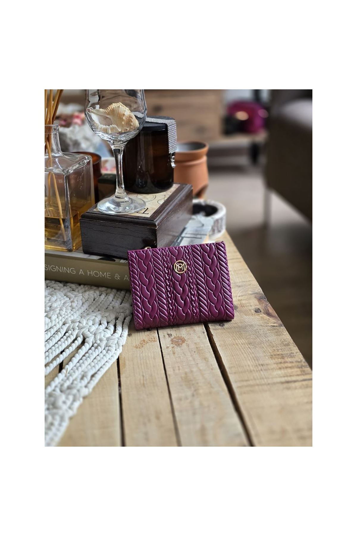 Mor Dokuma Desen Kare Kartlık Detaylı Cüzdan