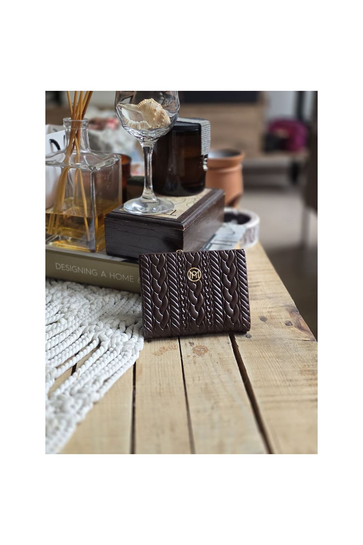 Acı Kahve Dokuma Desen Kare Kartlık Detaylı Cüzdan