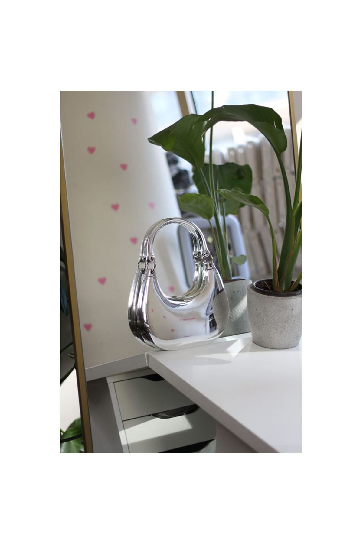 Kadın Silver Metalik Mika Kulp Detaylı Slim Gece Çantası