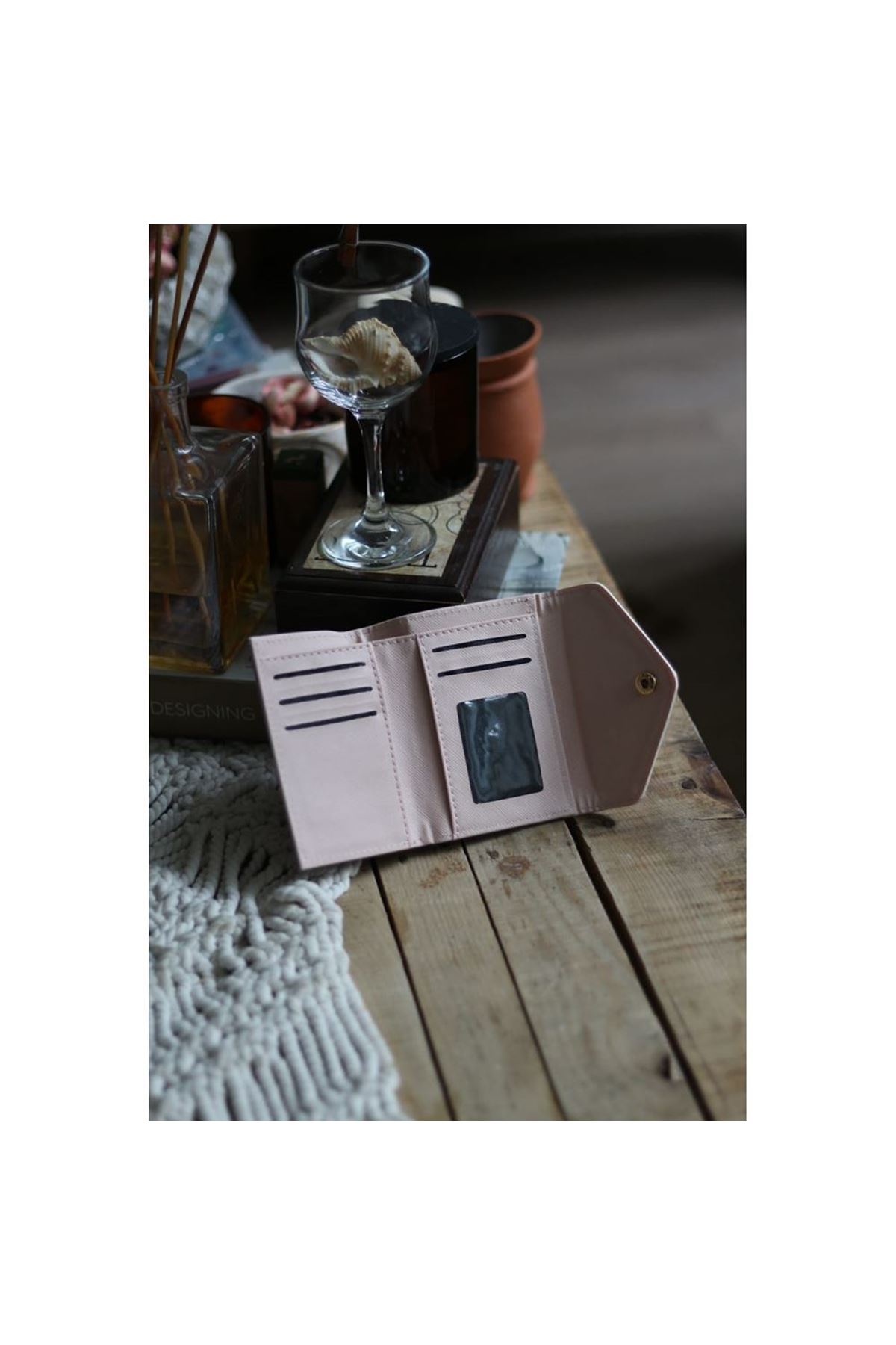 Karamel Bej Çift Renk Düğme Detaylı Mini Cüzdan