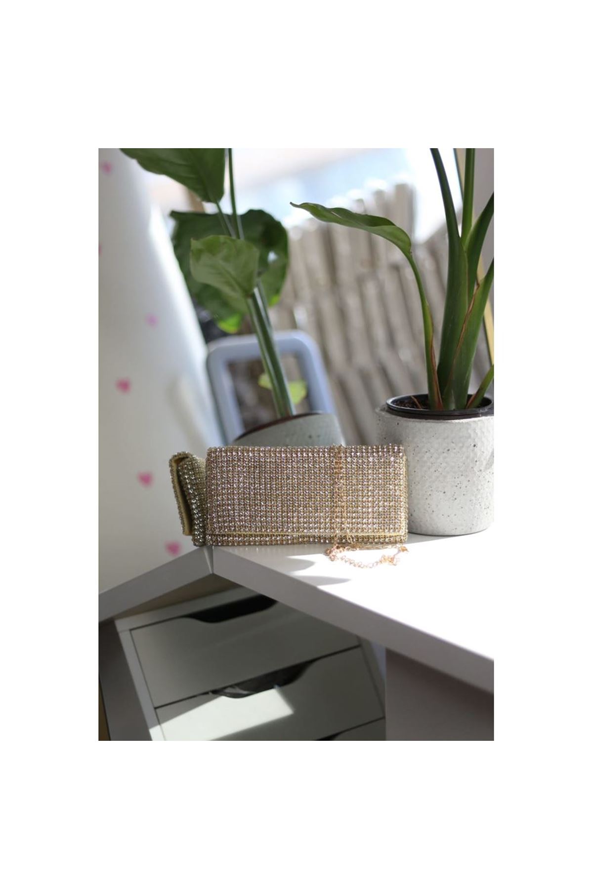 Kadın Gold Taş Dokuma Kapak Detaylı  Slim El Çantası