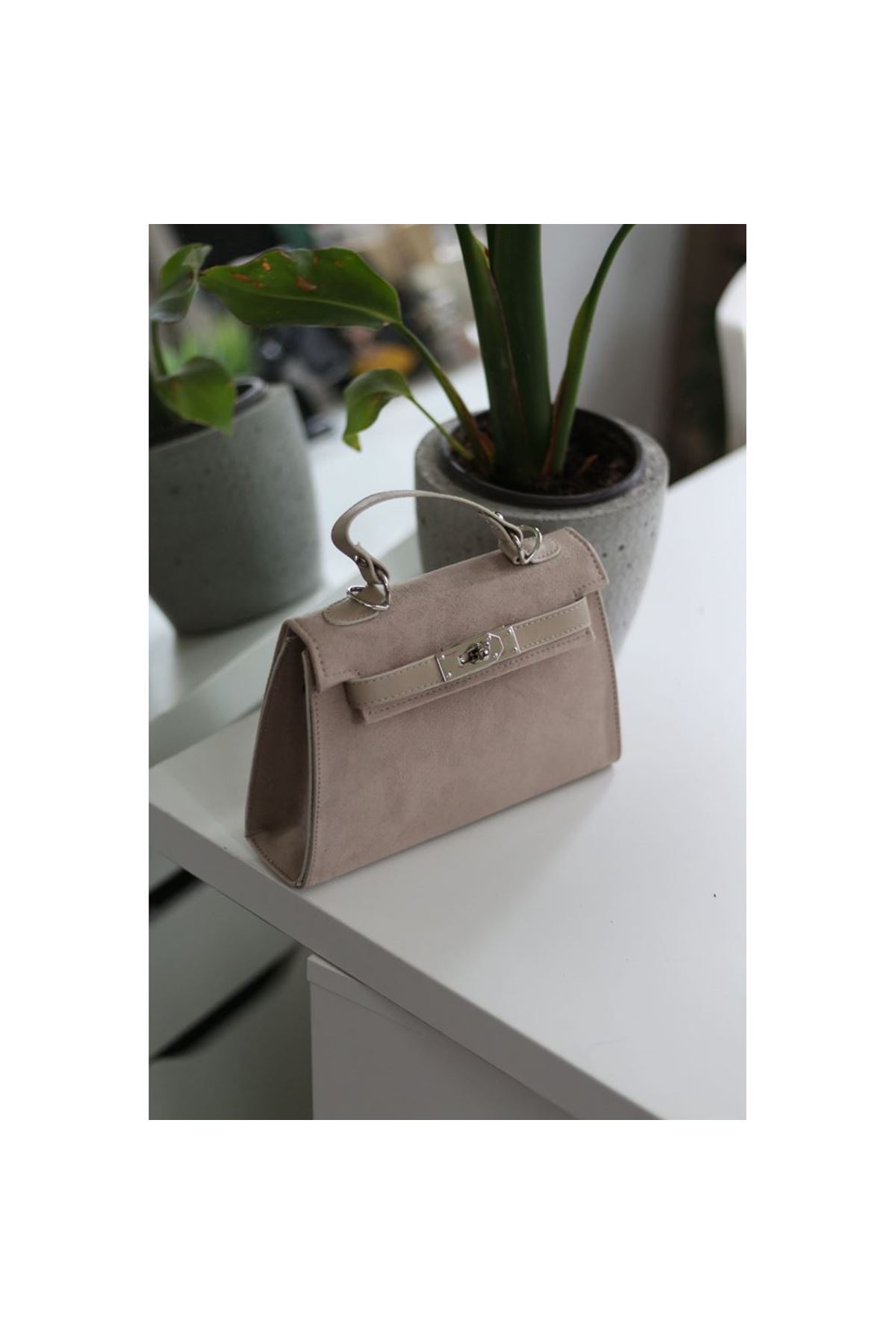 Kadın Vizon Süet Özel Kilit Mekanizmalı El Omuz Çantası