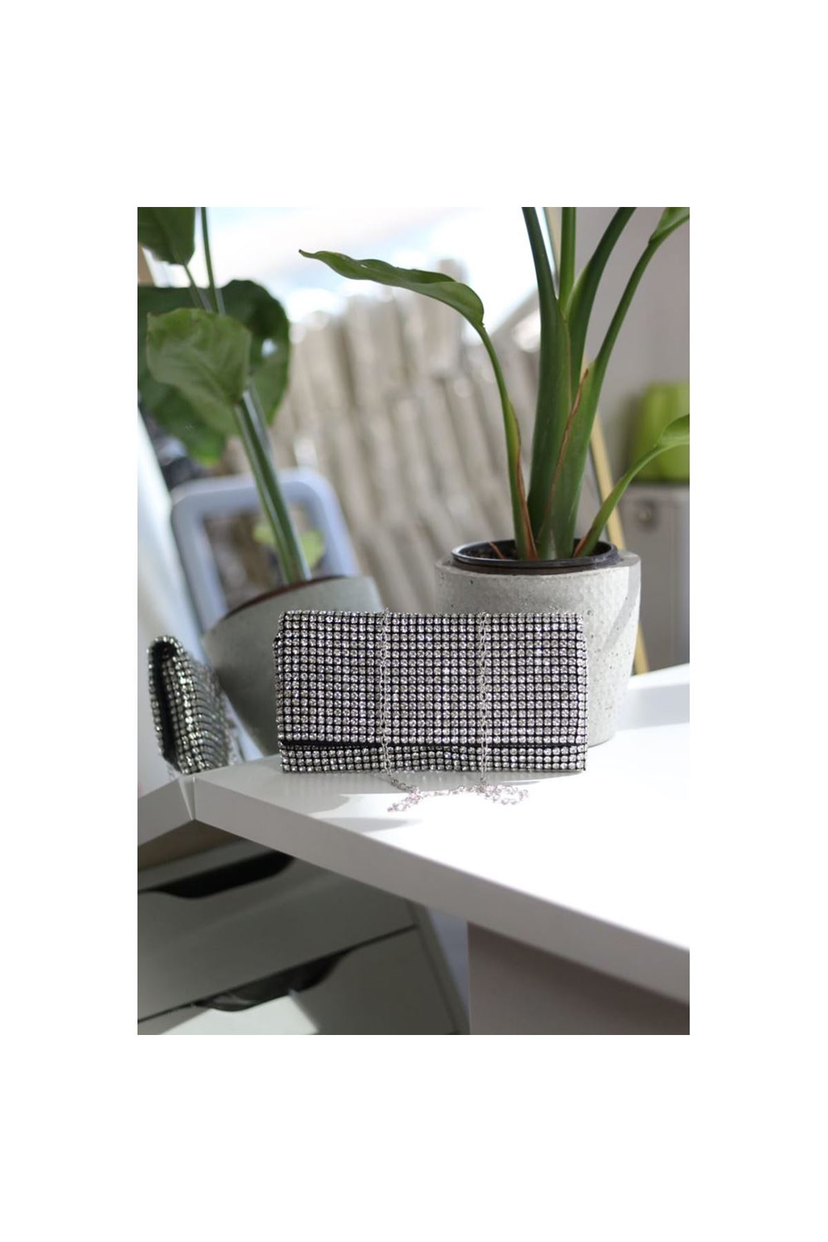 Kadın Silver Taş Dokuma Kapak Detaylı  Slim El Çantası