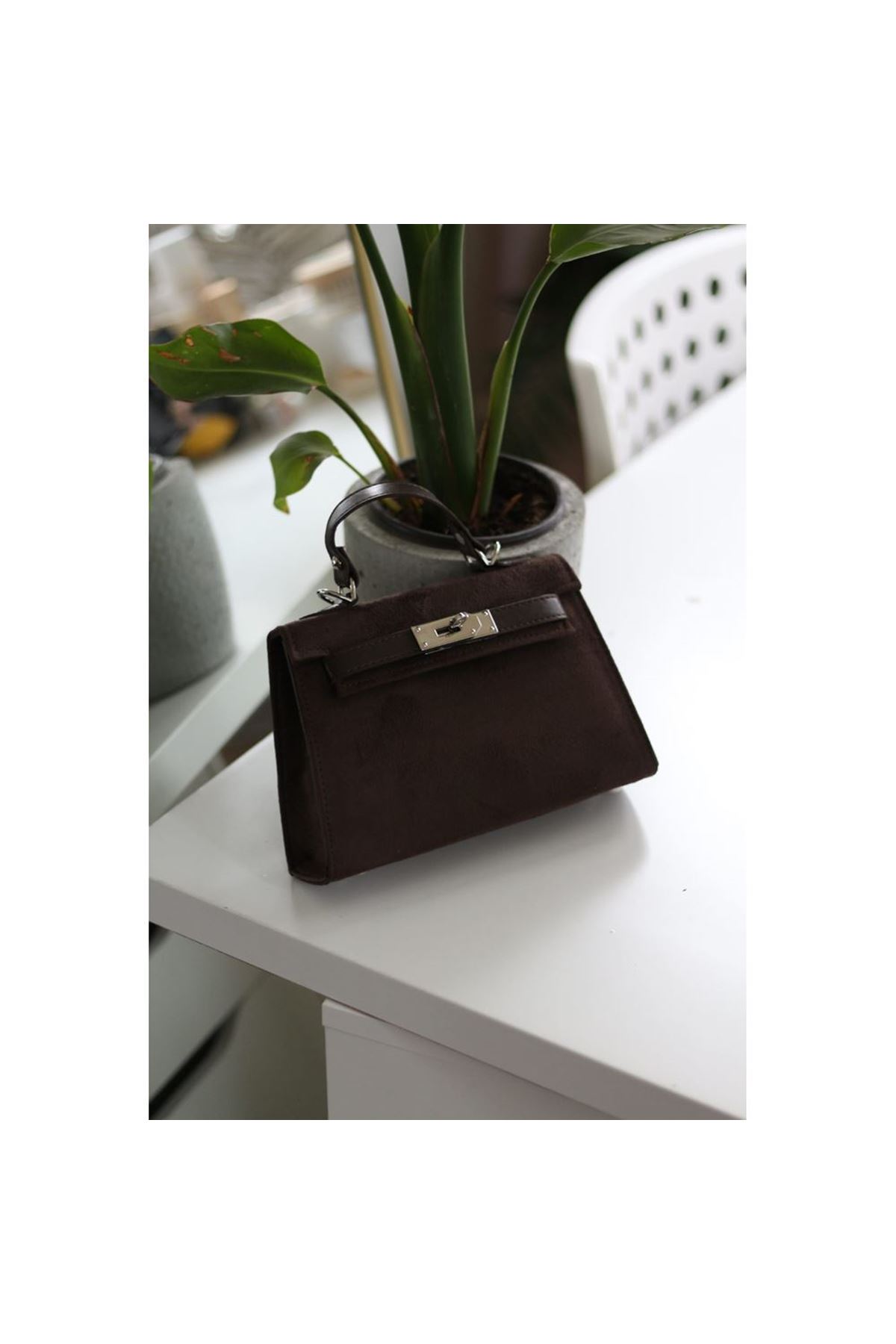 Kadın Acı Kahve Süet Özel Kilit Mekanizmalı El Omuz Çantası