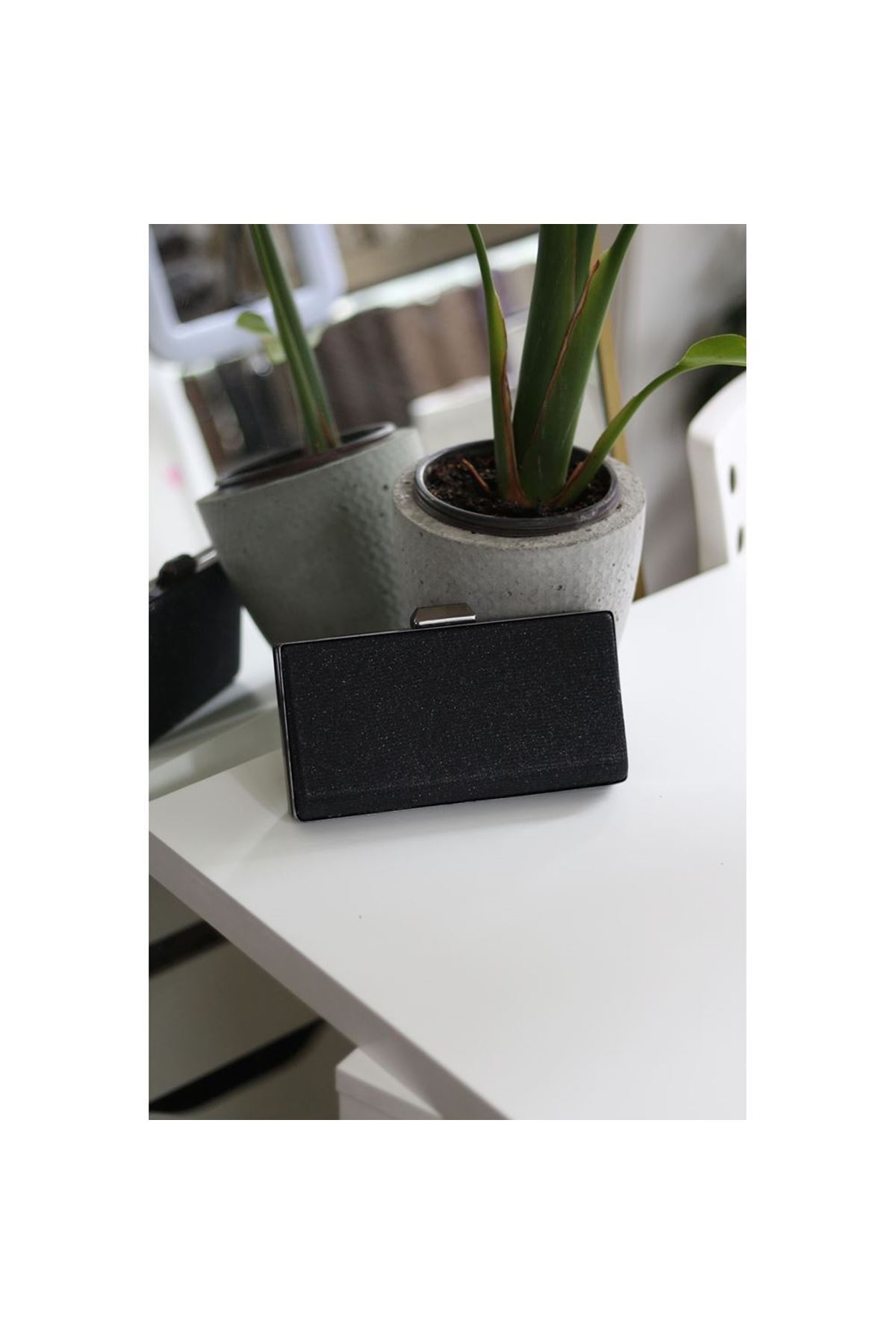 Kadın Siyah Simli Kumaş Dikdörtgen Kasa Abiye El Çantası