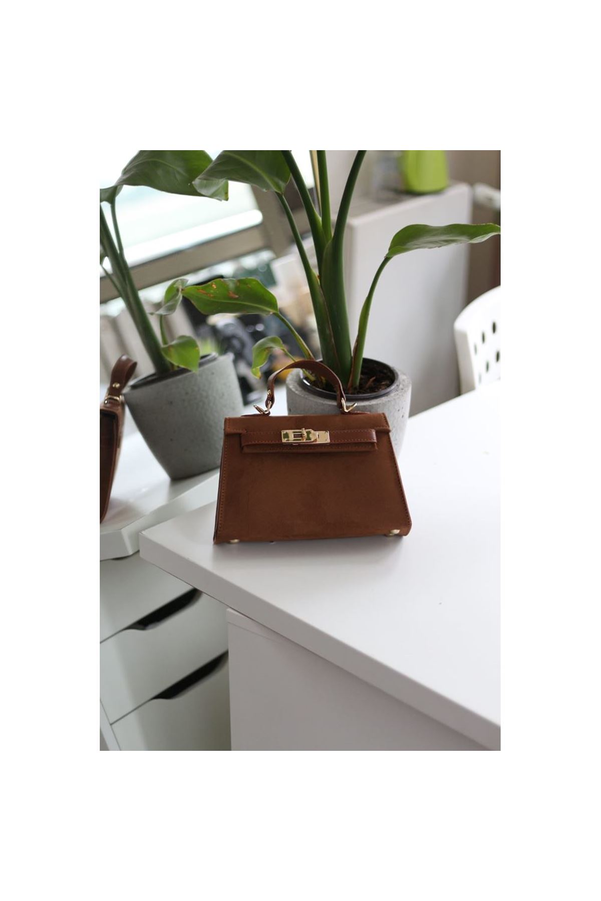 Kadın Taba Süet Özel Kilit Mekanizmalı El Omuz Çantası