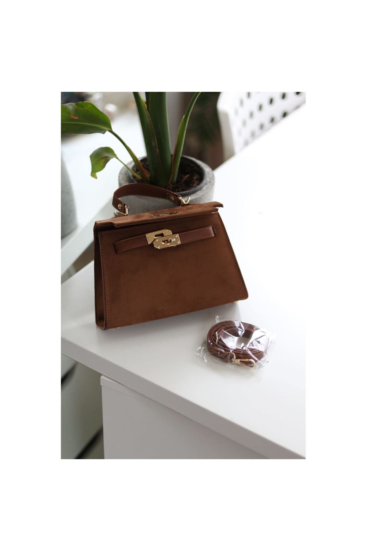 Kadın Taba Süet Özel Kilit Mekanizmalı El Omuz Çantası