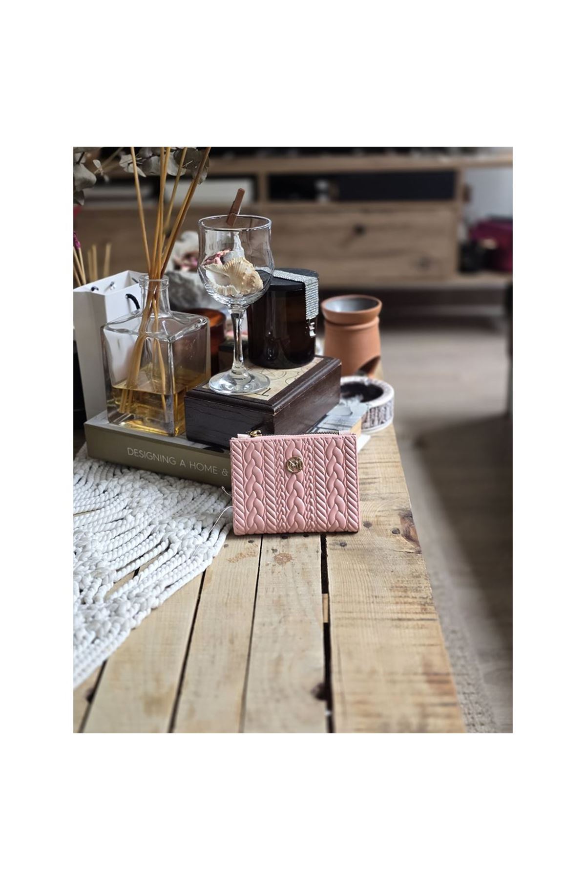 Pudra Dokuma Desen Kare Kartlık Detaylı Cüzdan