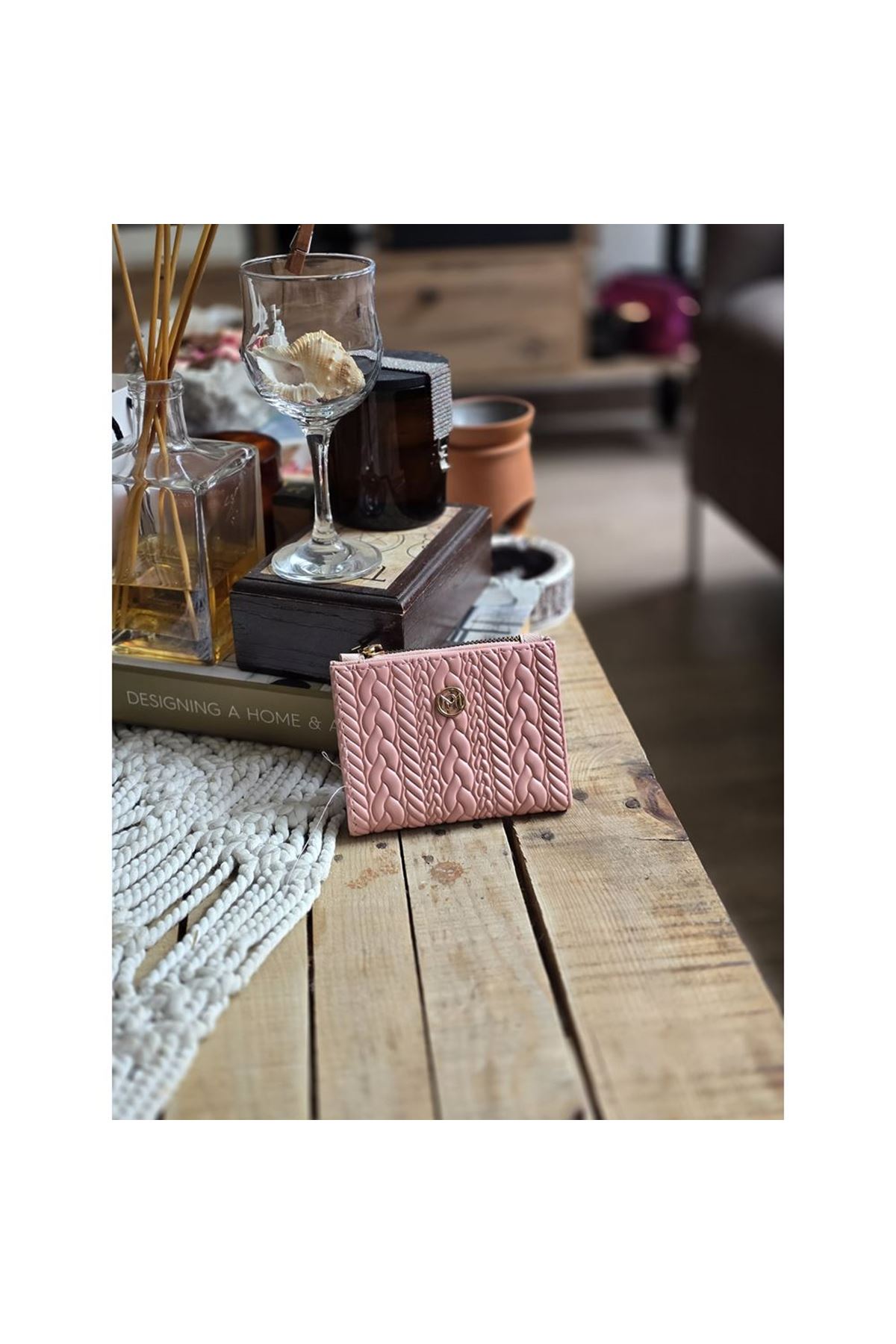 Pudra Dokuma Desen Kare Kartlık Detaylı Cüzdan