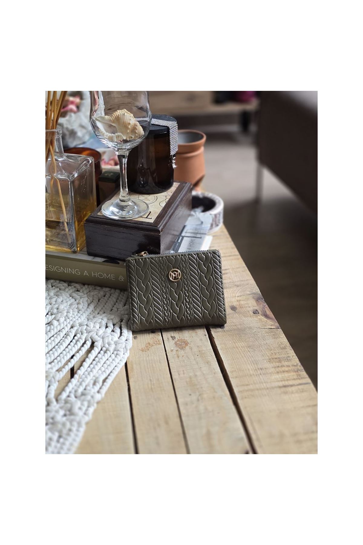 Haki Yeşil Dokuma Desen Kare Kartlık Detaylı Cüzdan