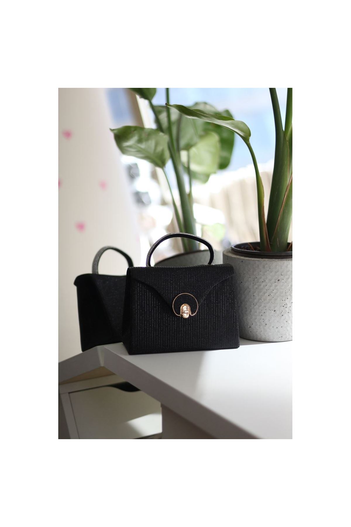 Siyah Simli Oval Gold Aksesuarlı Taşlı Tutma Kulplu Abiye El Çantası