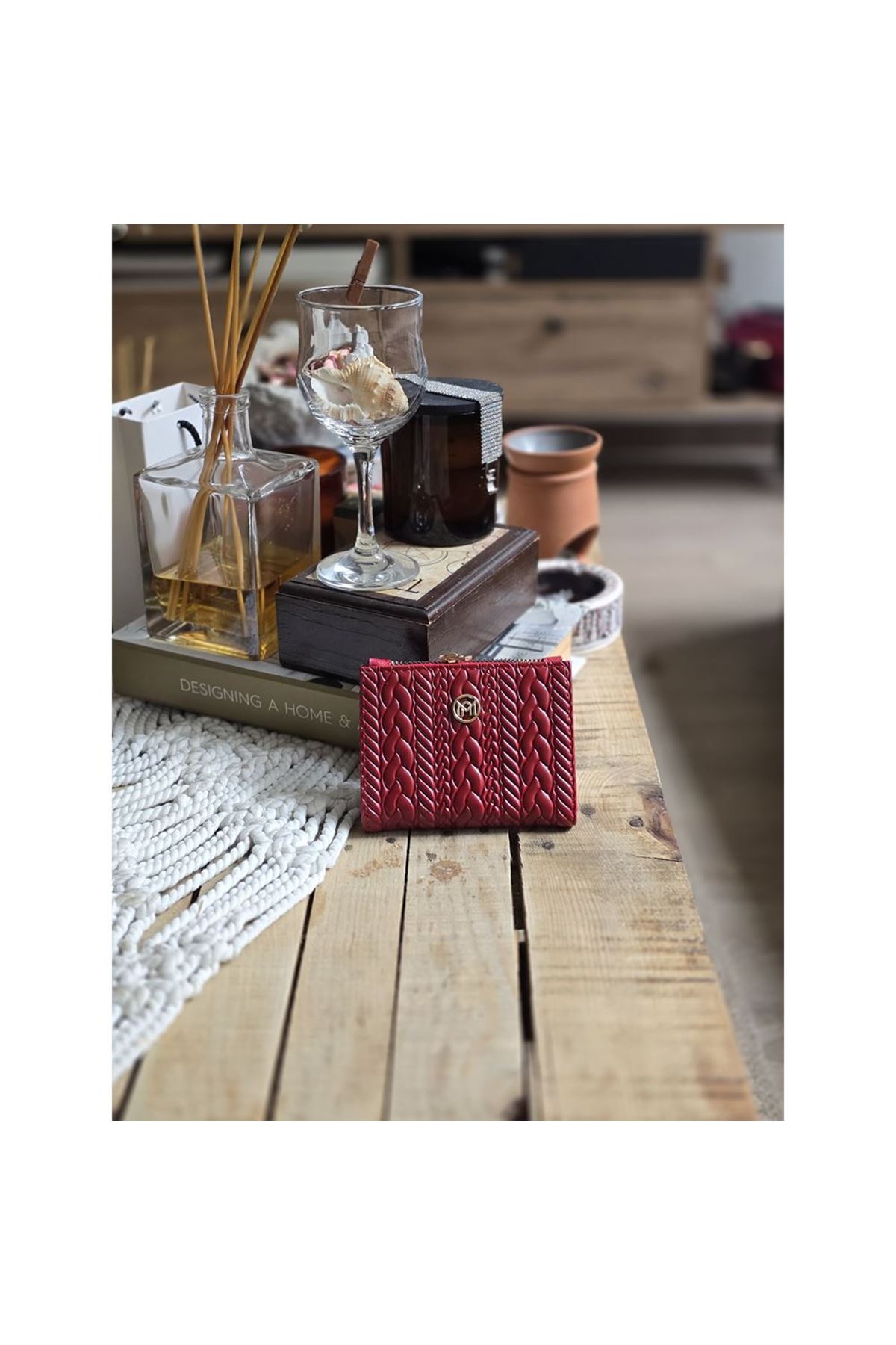 Kırmızı Dokuma Desen Kare Kartlık Detaylı Cüzdan