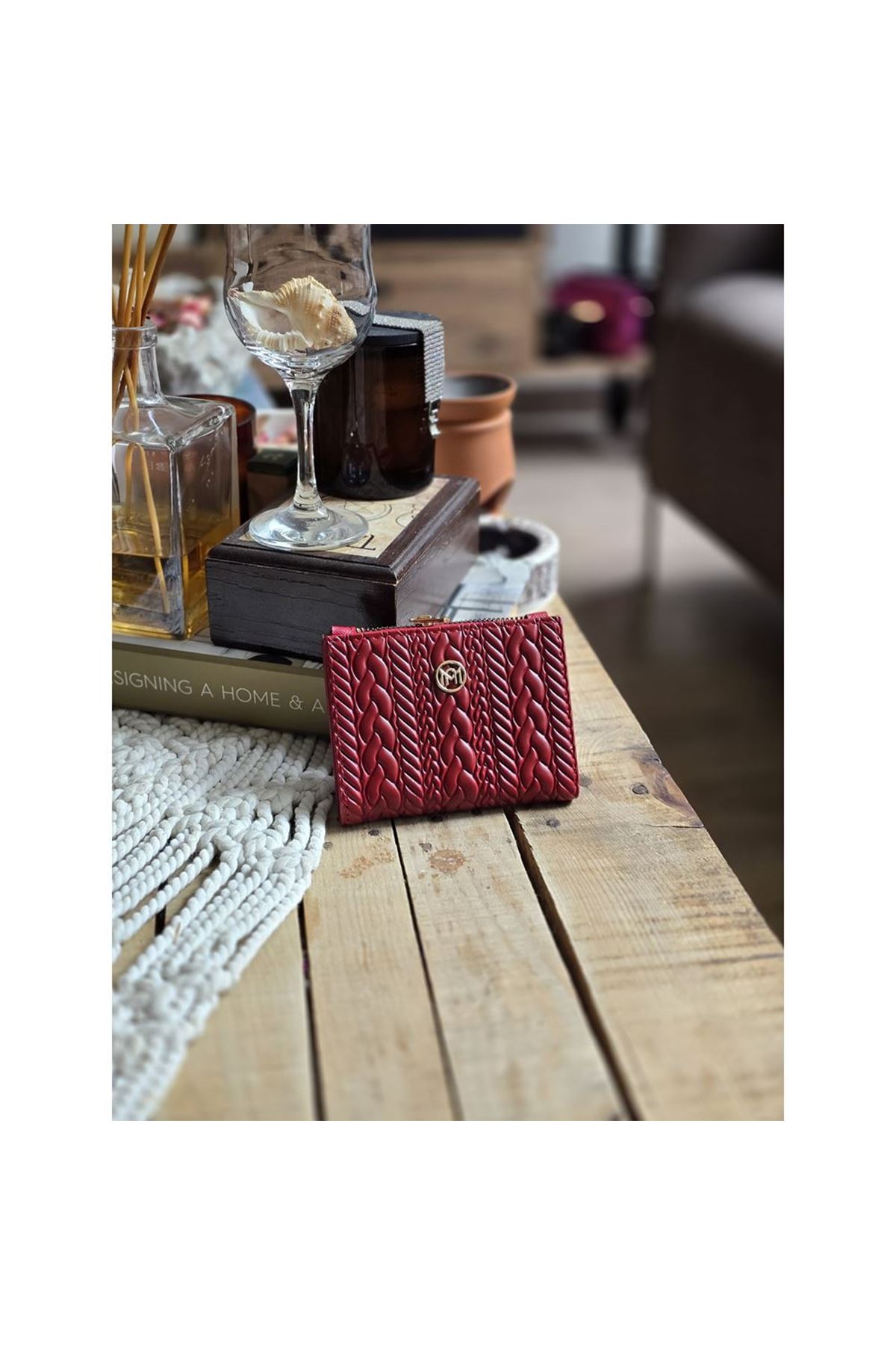 Kırmızı Dokuma Desen Kare Kartlık Detaylı Cüzdan