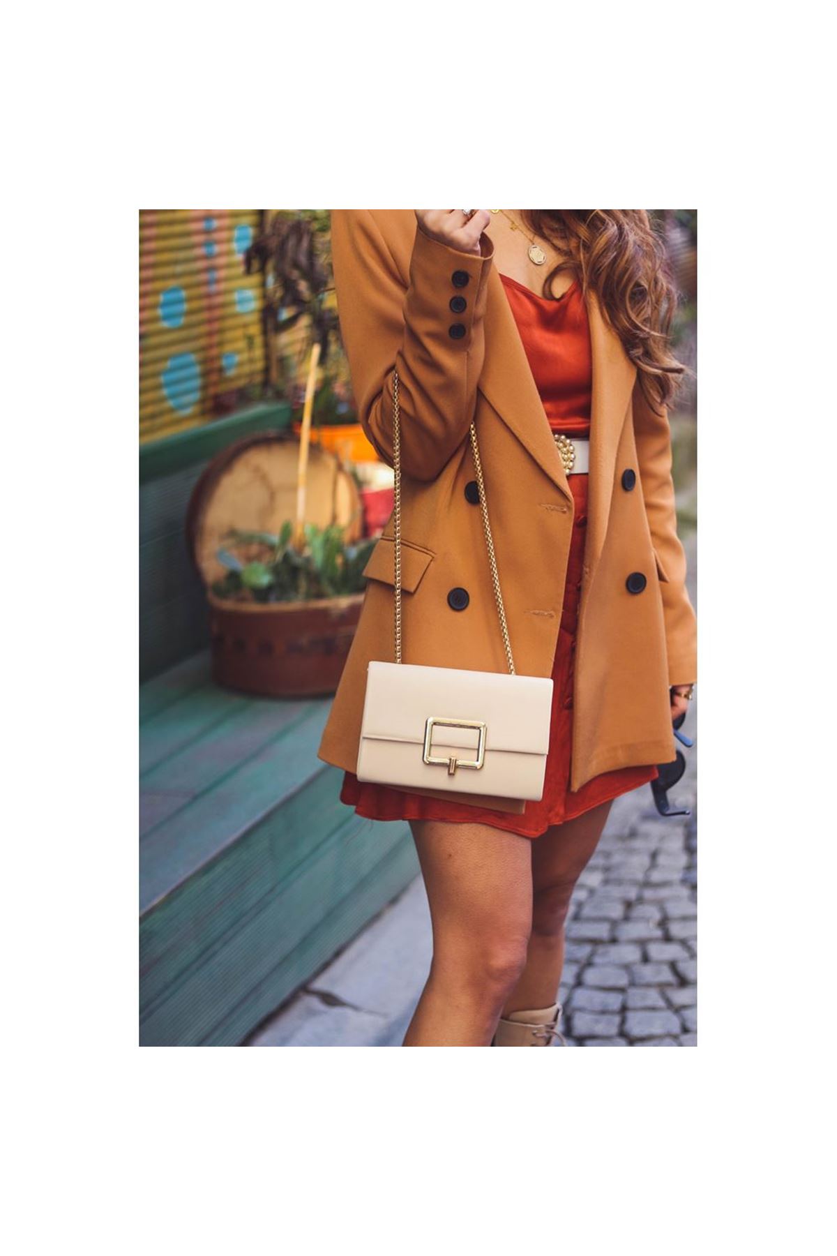 Krem Gold Tokalı Omzu Çantası