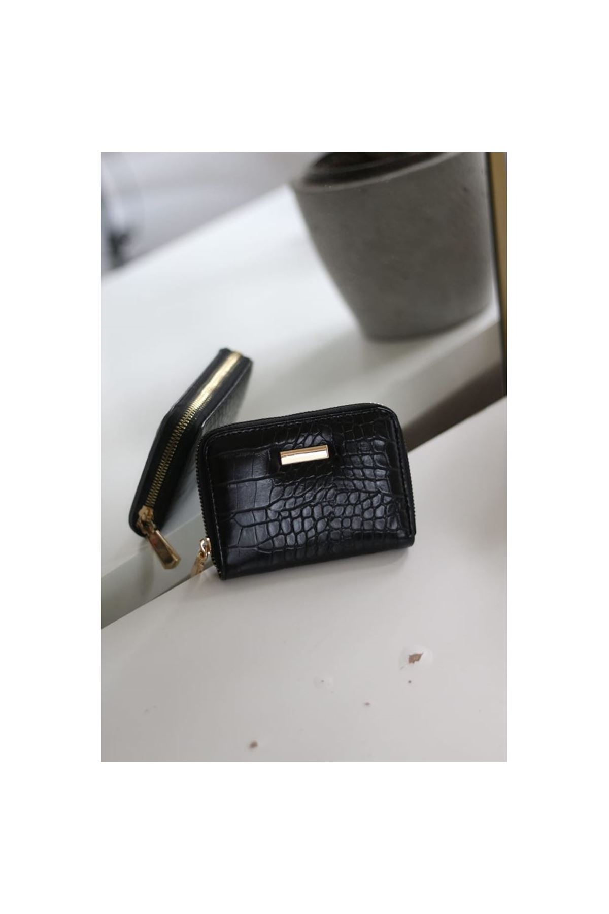 Kadın Siyah Kroko Mini kartlık Cüzdan