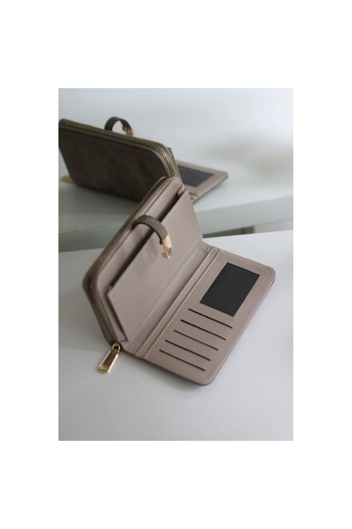 Kadın Vizon Eskitme Doku Gold Aksesuar Detaylı Cüzdan