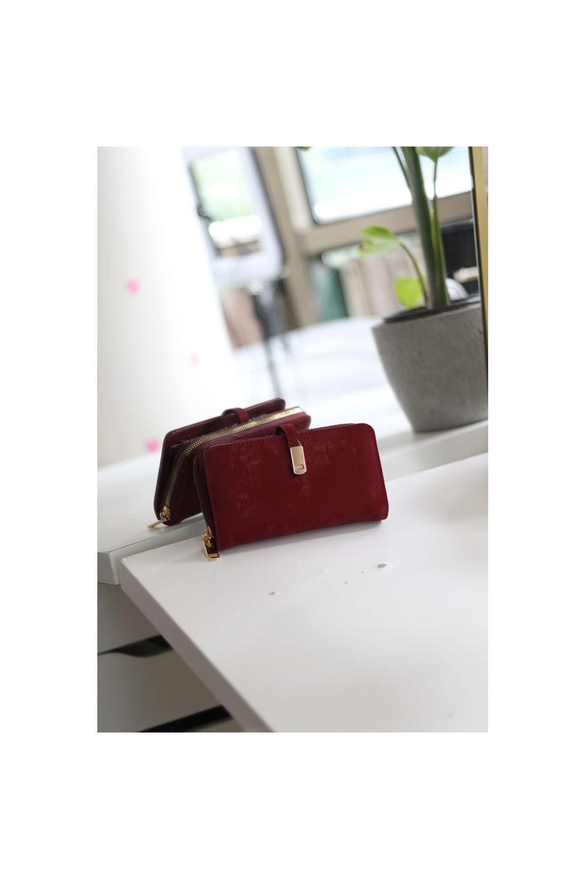 Kadın Bordo Eskitme Doku Gold Aksesuar Detaylı Cüzdan