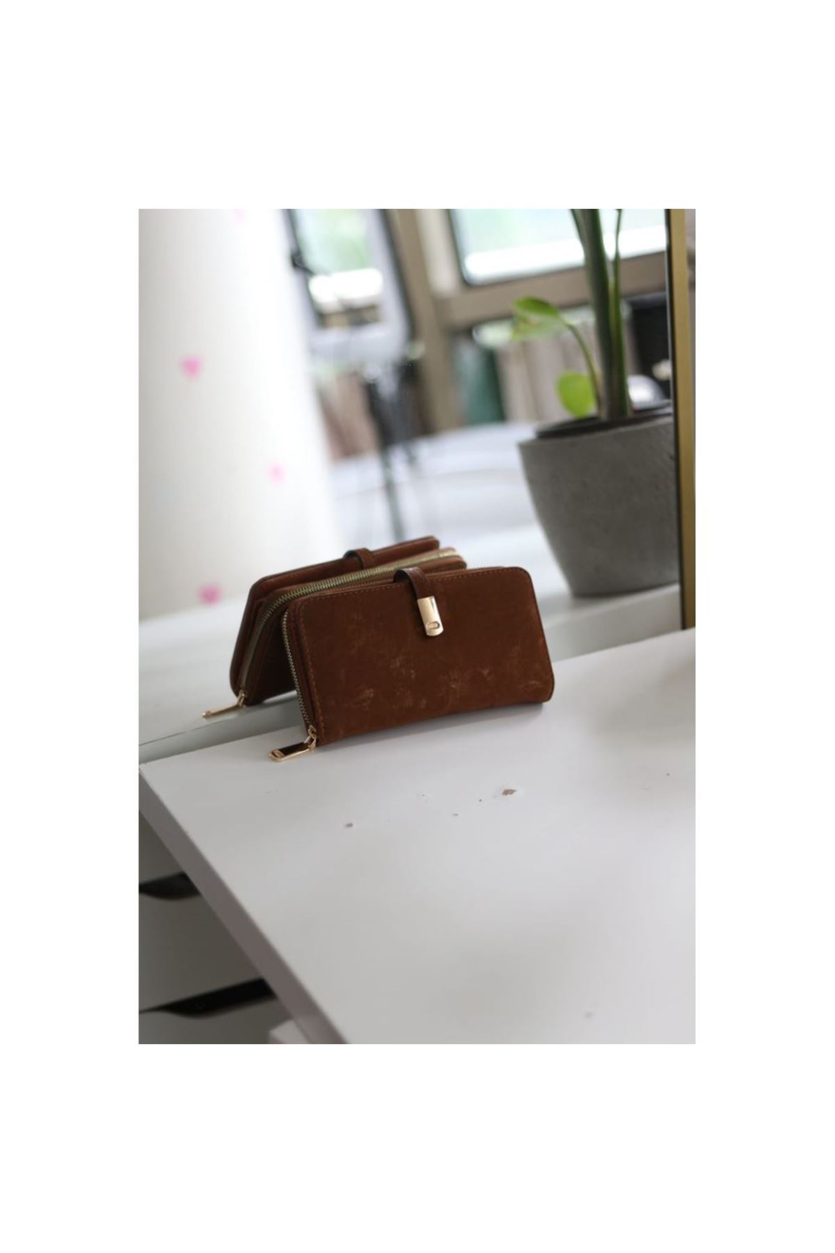 Kadın Taba Eskitme Doku Gold Aksesuar Detaylı Cüzdan
