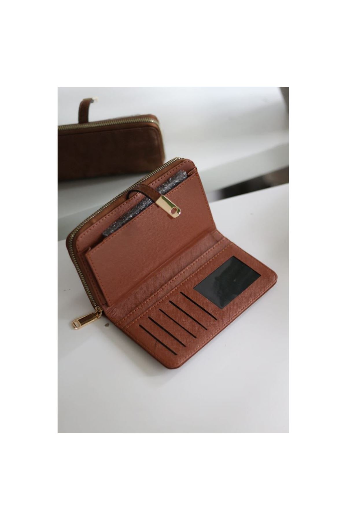 Kadın Taba Eskitme Doku Gold Aksesuar Detaylı Cüzdan