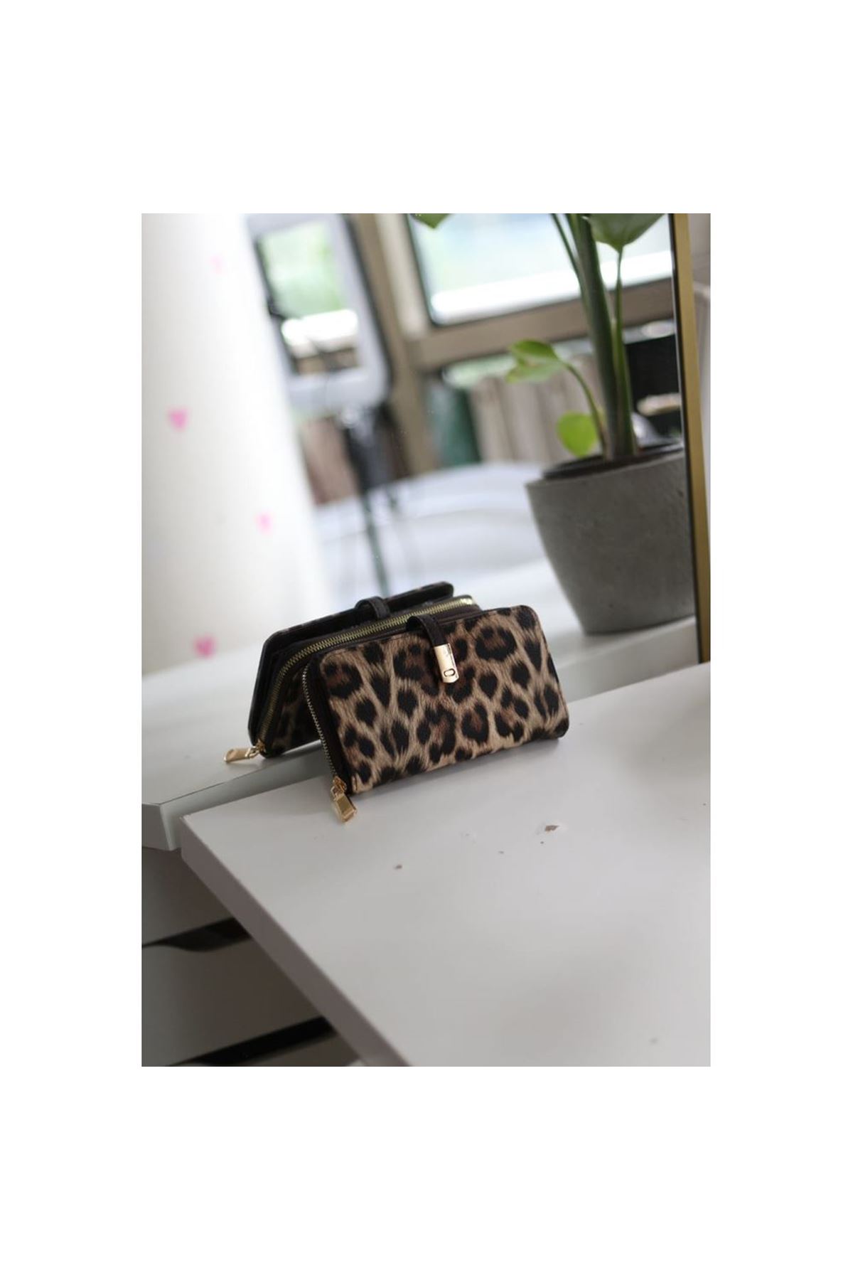 Kadın Leopar Doku Gold Aksesuar Detaylı Cüzdan