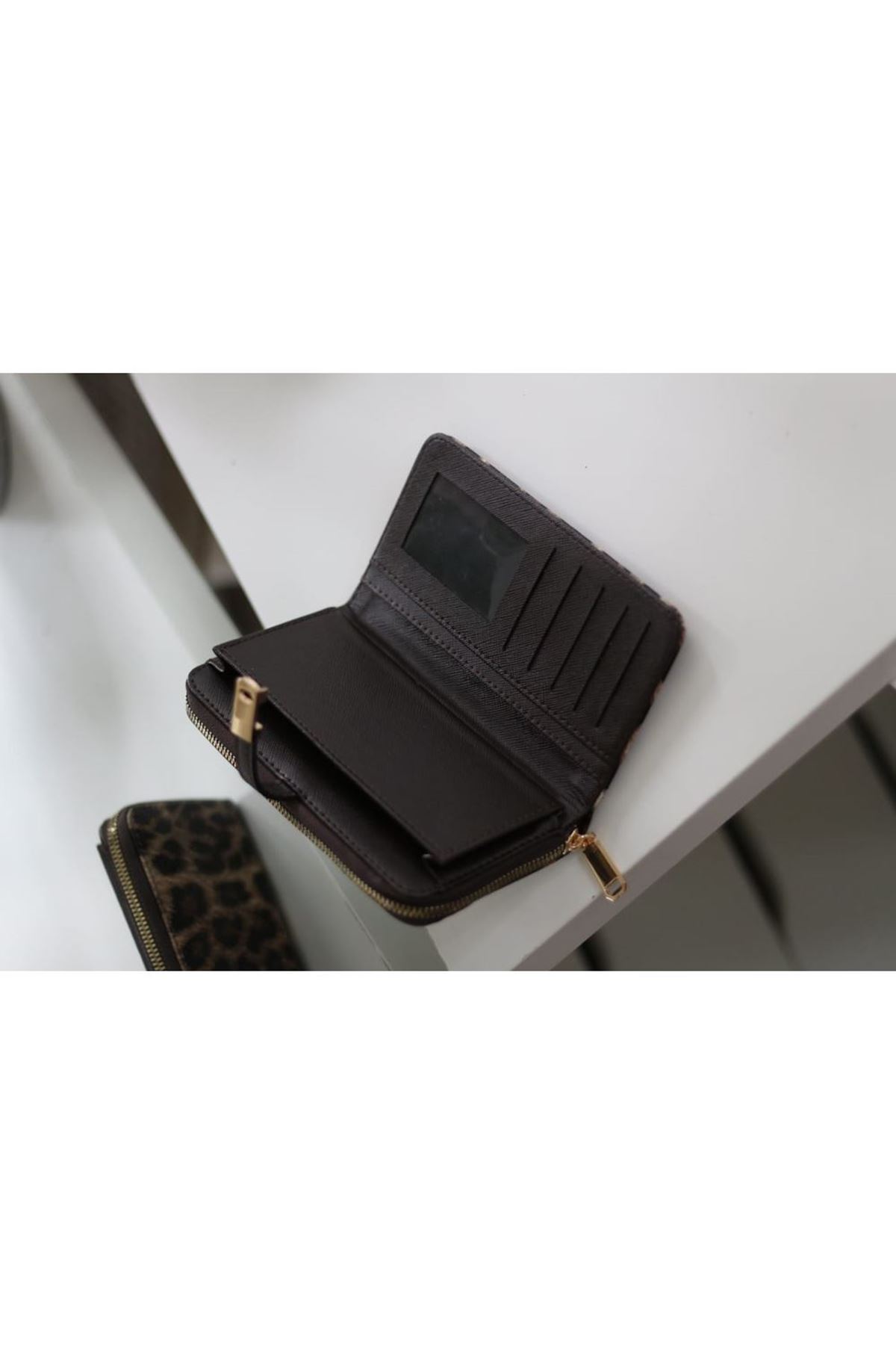 Kadın Leopar Doku Gold Aksesuar Detaylı Cüzdan