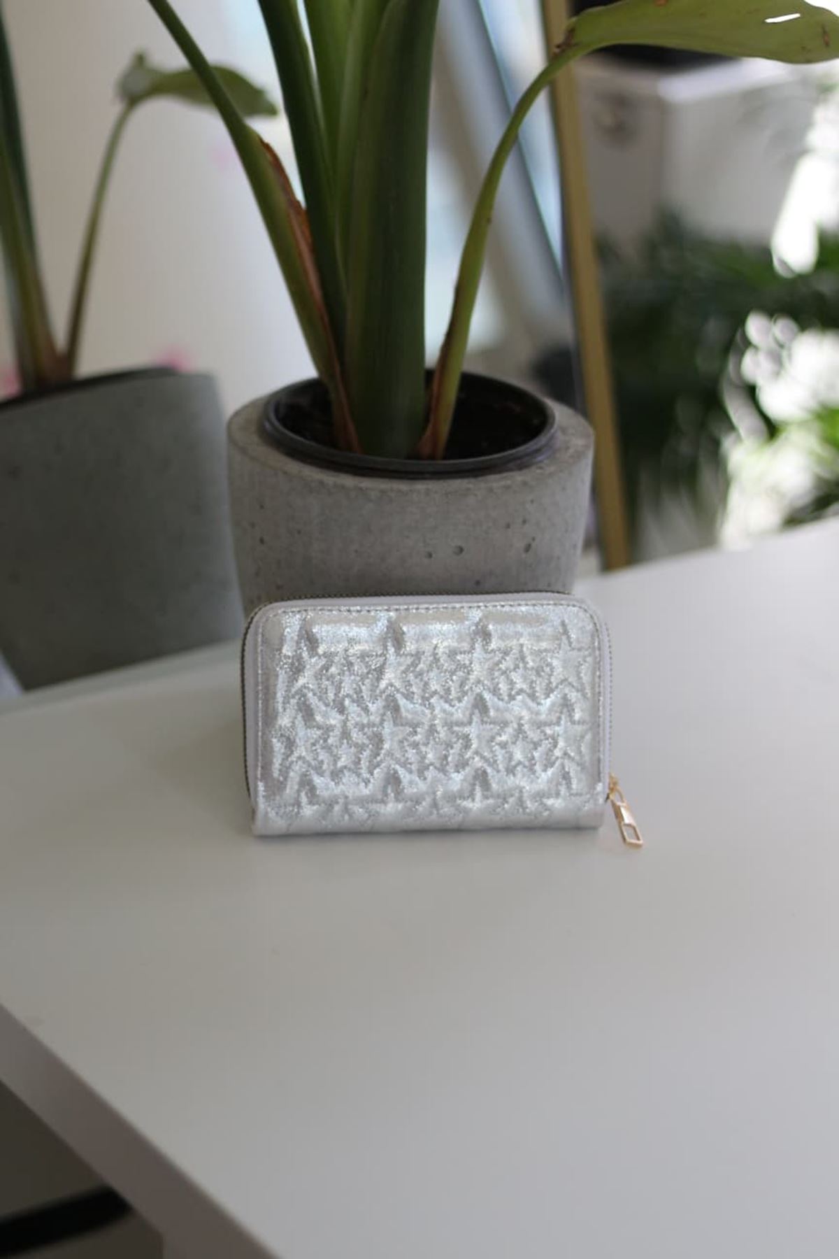 silver parlak kumaş yıldız desenli fermuarlı cüzdan
