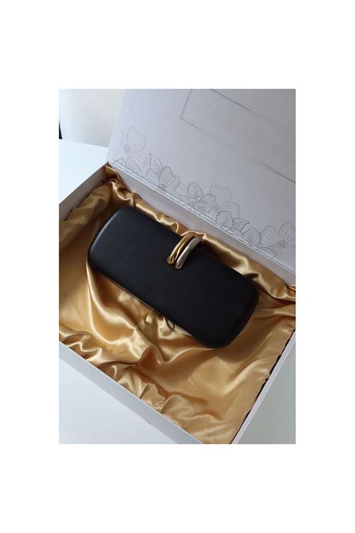 Siyah metal aksesuar detaylı zincirli slim abiye el omuz çantası