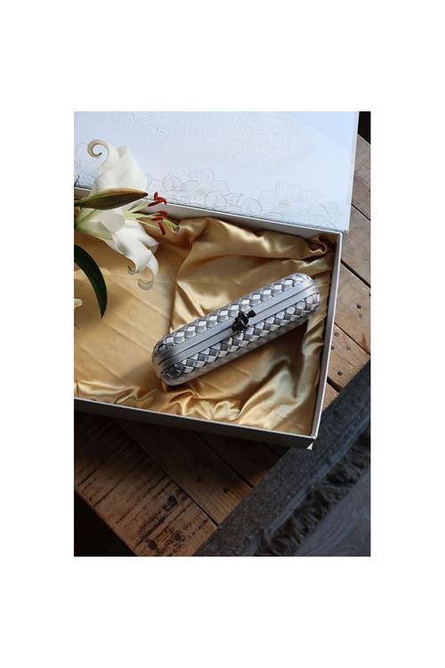 Silver Saten Standart Baklava Desenli Kasa Abiye El Çantası