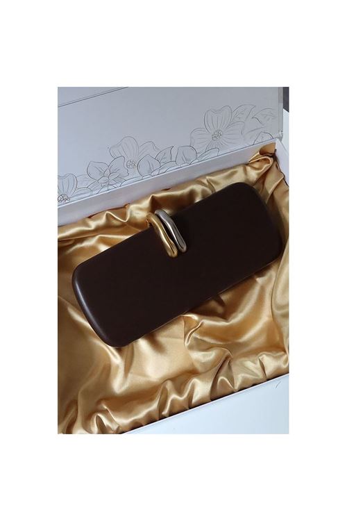 Acı kahve metal aksesuar detaylı zincirli slim abiye el omuz çantası