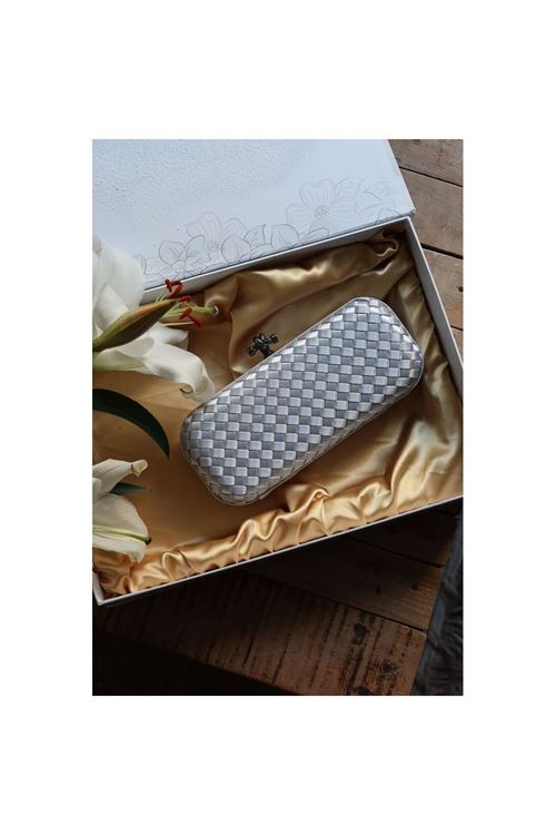 Silver Saten Slim Baklava Desenli Kasa Abiye El Çantası