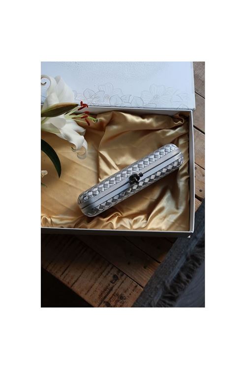 Silver Saten Slim Baklava Desenli Kasa Abiye El Çantası