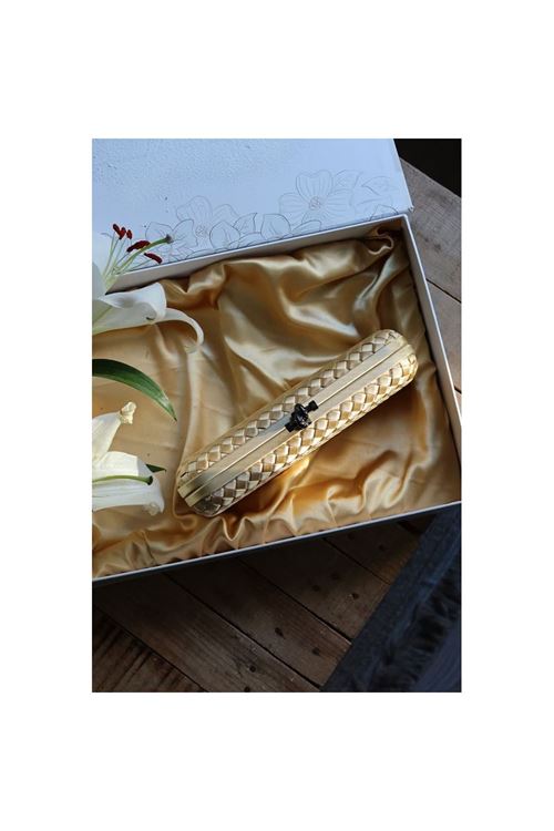 Gold  saten slim baklava desenli kasa abiye el çantası