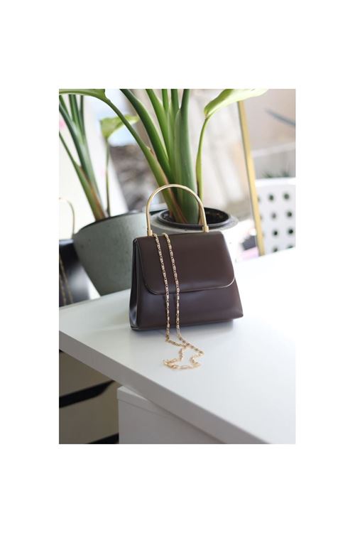 Kadın acı kahve metal sap detaylı abiye el omuz çantası