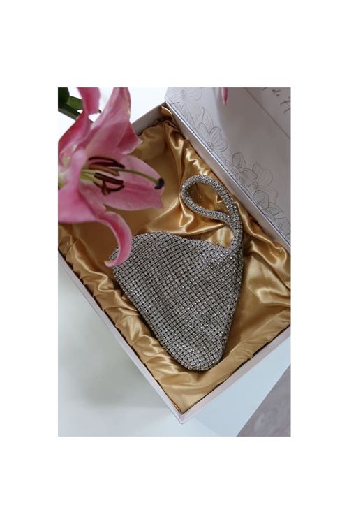silver taşlı üçgen form abiye el çantası