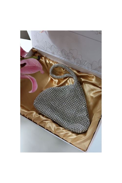 silver taşlı üçgen form abiye el çantası
