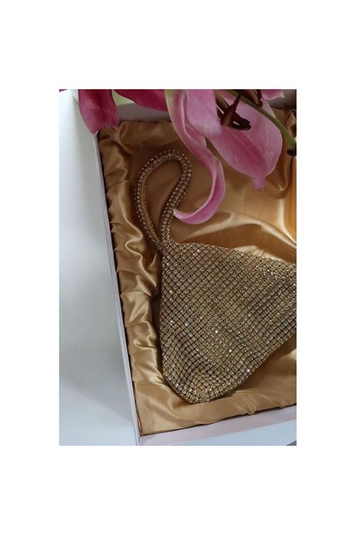 Gold taşlı üçgen form abiye el çantası