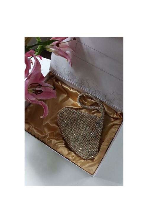 gold renkli taş taşlı üçgen form abiye el çantası