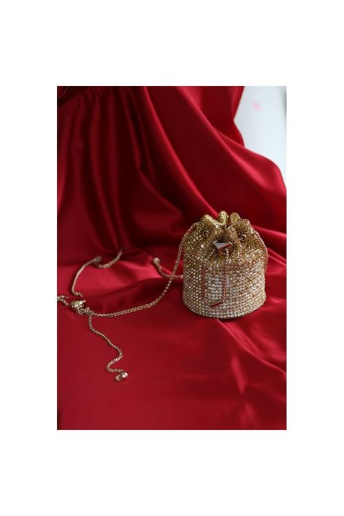 Gold taşlı kristal klips detaylı pouch abiye çanta