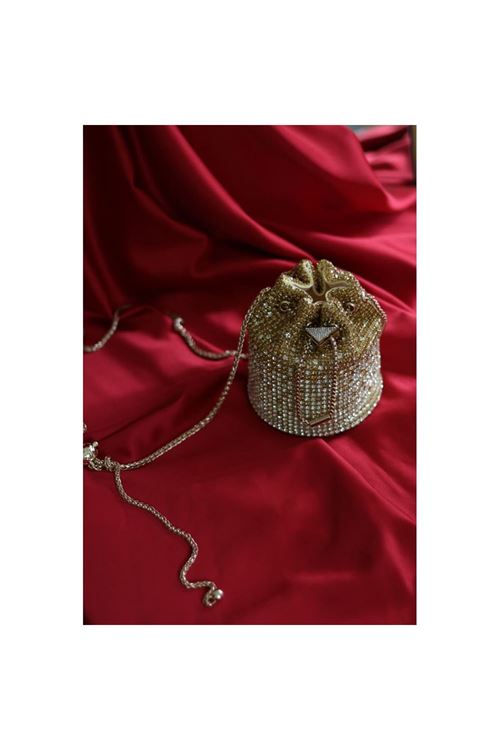 Gold taşlı kristal klips detaylı pouch abiye çanta