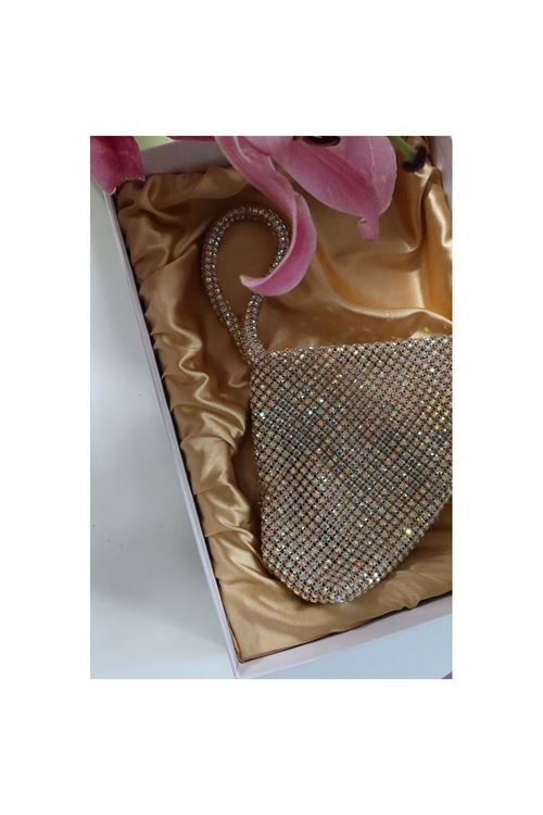 gold renkli taş taşlı üçgen form abiye el çantası