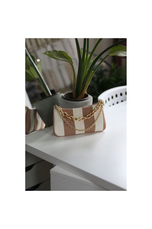 keten karamel  zincir aksesuarlı slim el çantası