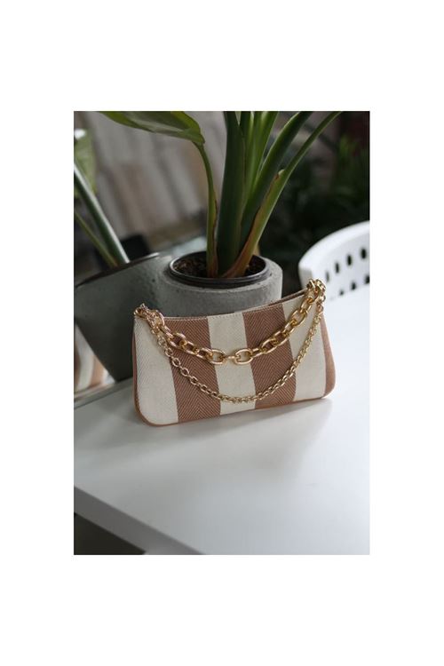 keten karamel  zincir aksesuarlı slim el çantası