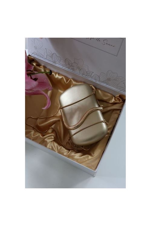 Gold yılan aksesuar detaylı kasa zincirli abiye çanta