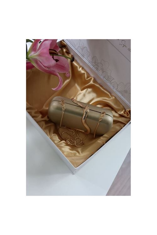 Gold yılan aksesuar detaylı kasa zincirli abiye çanta