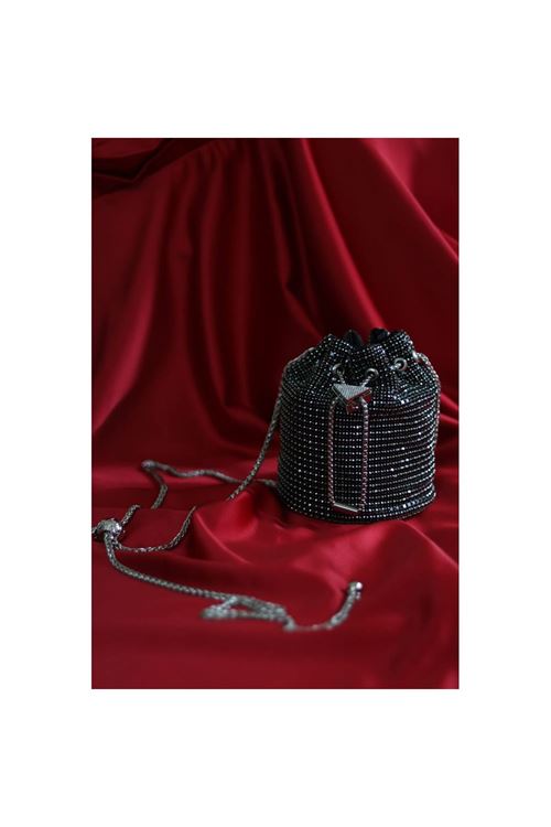 Siyah taşlı kristal klips detaylı pouch abiye çanta