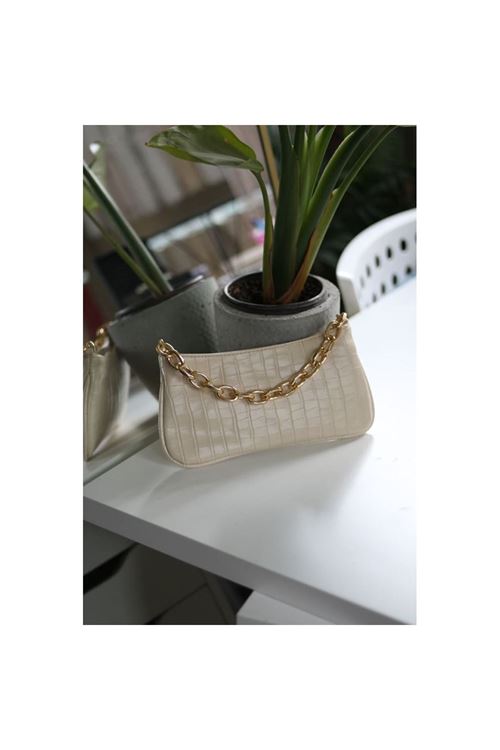 Krem kroko zincir aksesuarlı slim el çantası