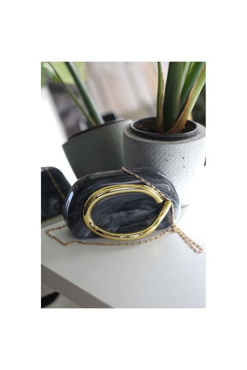 Gri Desenli  Mika Tutma Aksesuarlı Zincirli Omuz Çantası